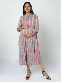 Thumbnail for Manet Three Fourth Maternity Dress Striped With Concealed Zipper Nursing Access - Grey - Distacart