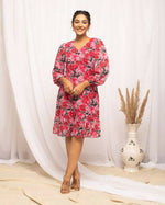 Thumbnail for FIORRA Women's Red & Pink Georgette Floral Printed Western Dress - Distacart