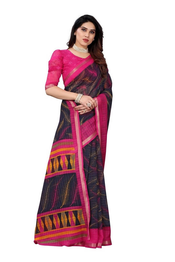 Vamika Navy Blue Linen Zari Border Saree