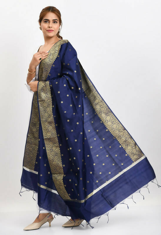 Mominos Fashion Moeza Women's Banarsi Silk Woven Design Navy Blue Dupatta - Distacart