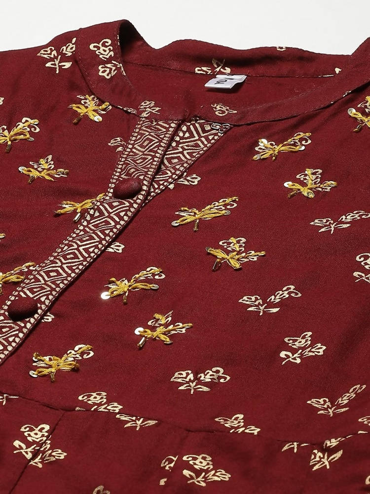 Yufta Women Maroon & Gold Floral Printed Kurta