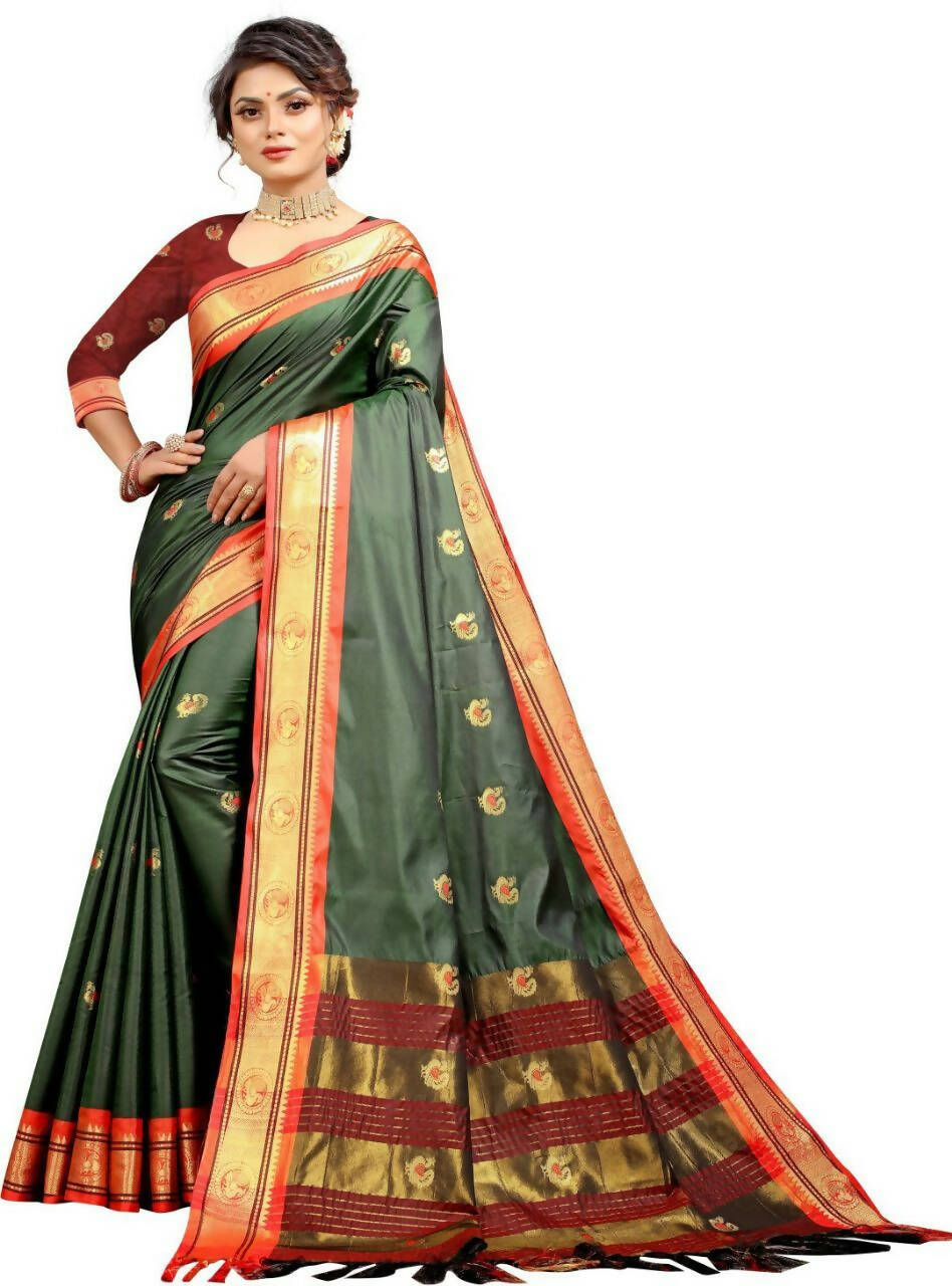DEIANA'S Beautiful Golden Jari with New Design Soft Lichi Silk Saree - Green - Distacart
