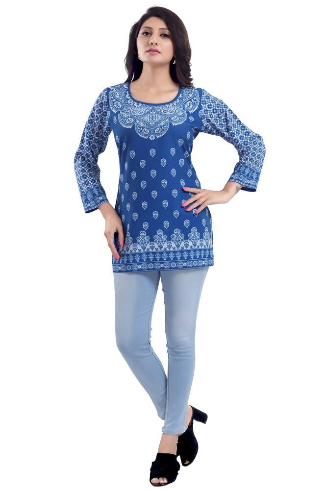 Snehal Creations Royal Blue Faux Crepe Short Kurti Tunic Top