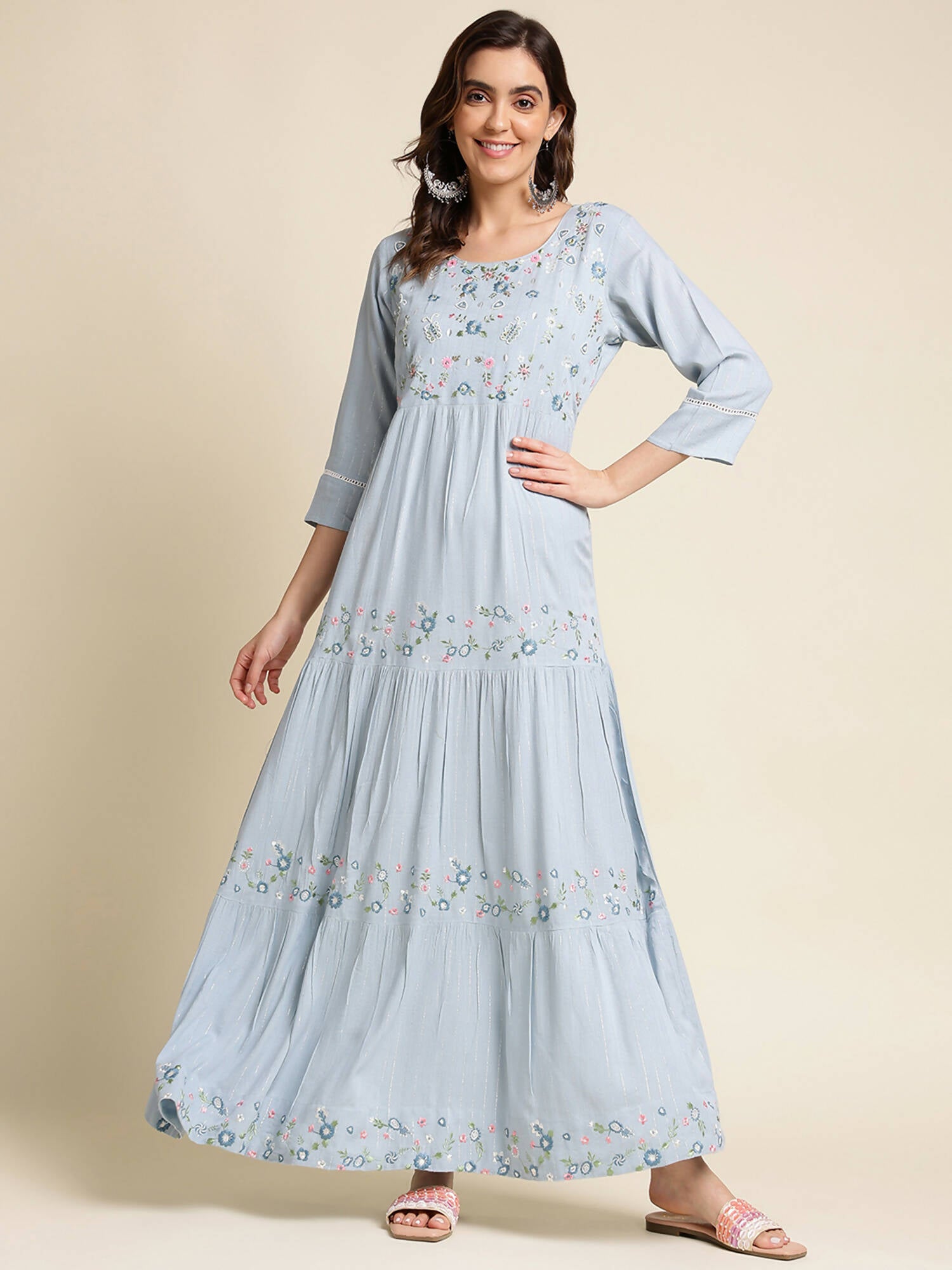 Sky Blue Chinon Floral Embroidered Dress - Nandani - Distacart
