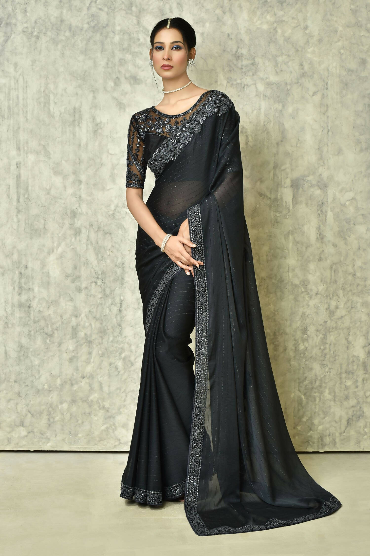 Black Silk Solid Designer Saree with Blouse - Purvi - Distacart