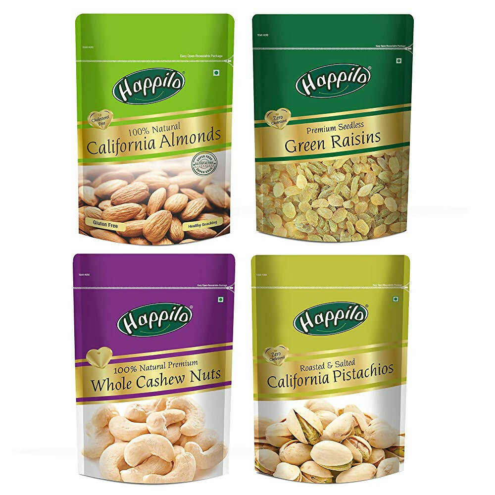 Happilo Premium Dry Fruits Combo (California Almonds, Raisins, Whole Cashews, Roasted Pistachios) - Distacart