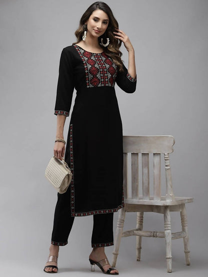 Yufta Women Black Yoke Design Thread Work Kurta with Trouser