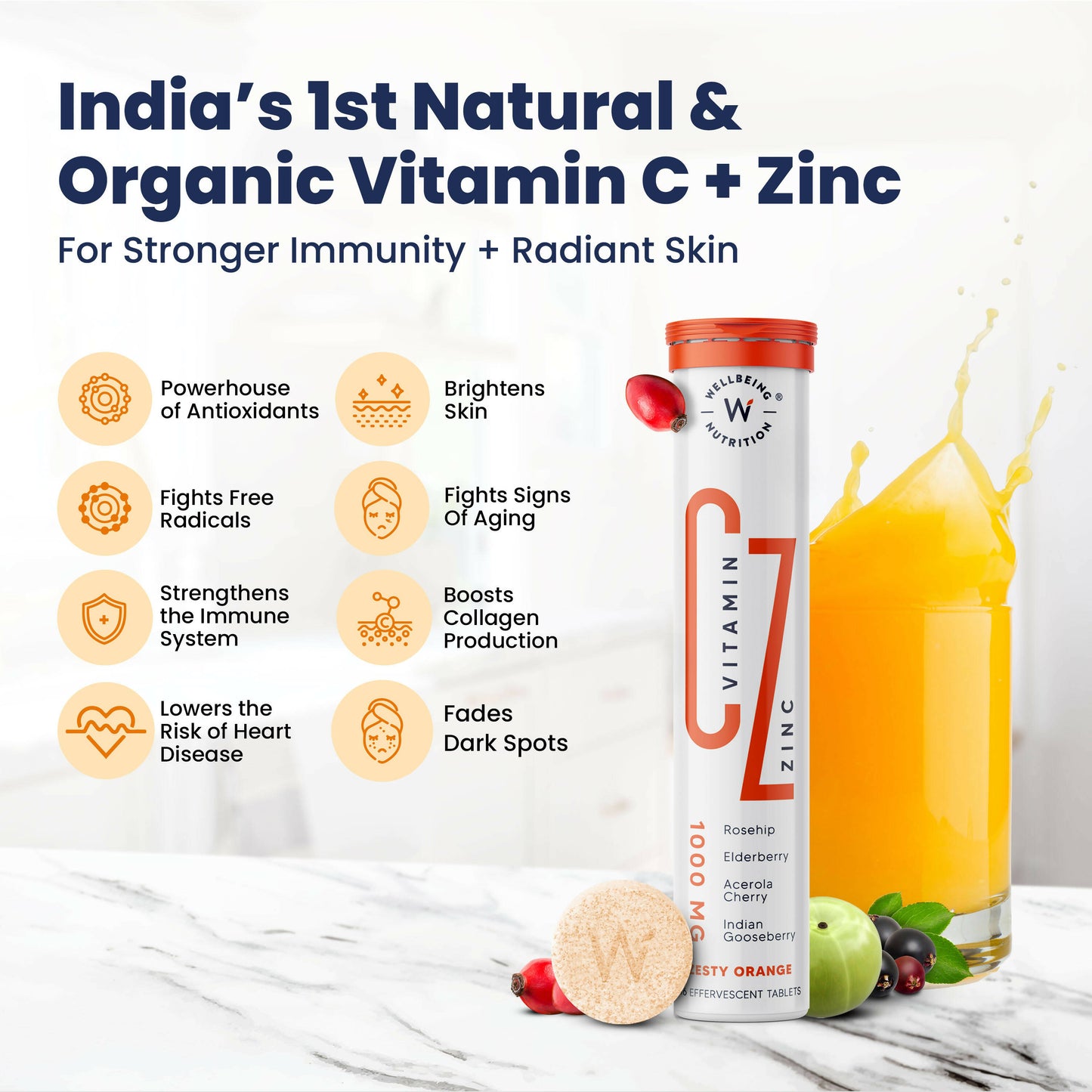 Wellbeing Nutrition Organic Vitamin C + Zinc Effervescent Tablets - Distacart