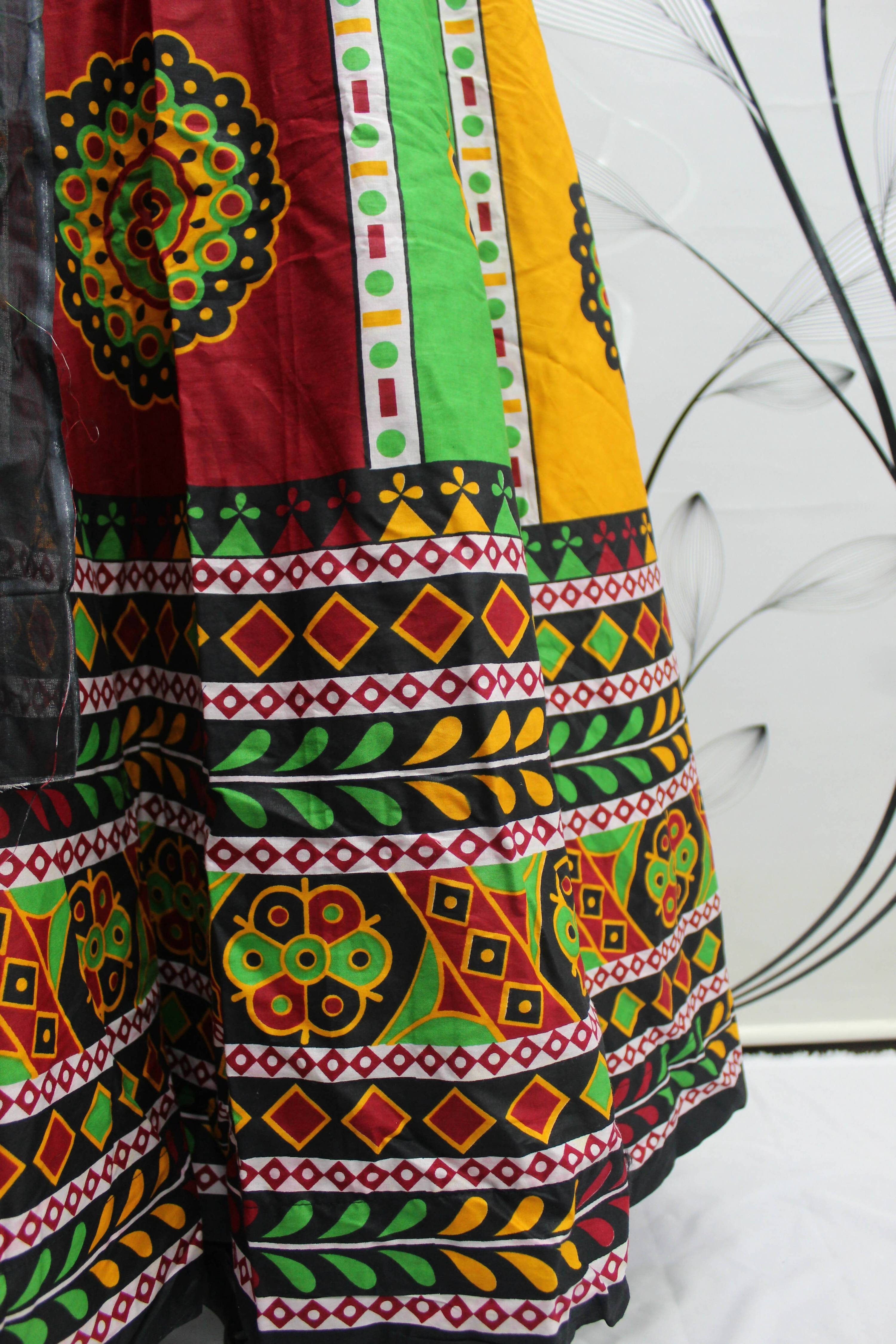 Multi Color Pure Cotton Hand Block Print Navratri Lehenga Choli with Dupatta - Raas - Distacart