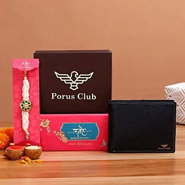 Traditional Kundan Rakhi And Black Men's Wallet