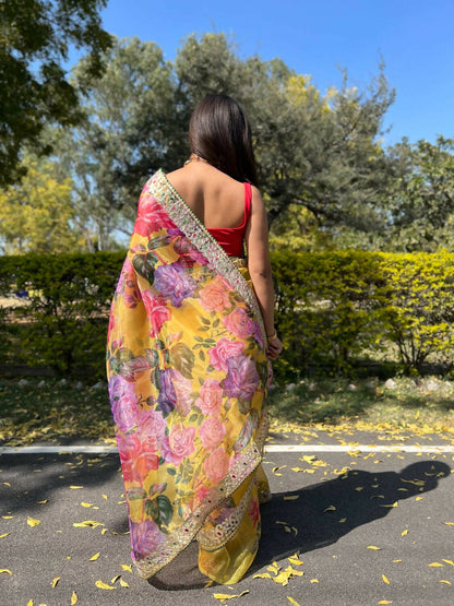 Vamsee Yellow Organza Saree - Distacart