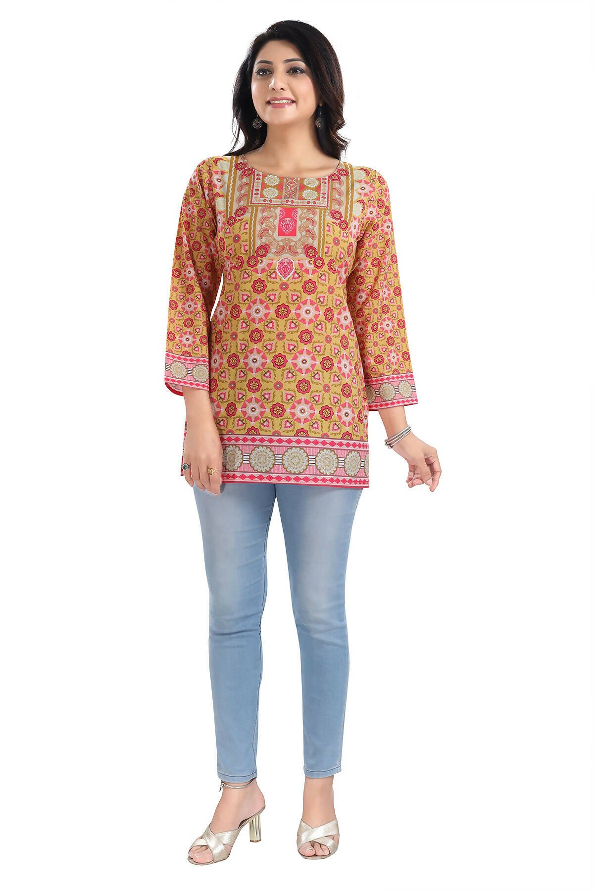Snehal Creations Yellow Faux Crepe Short Kurti Tunic Top - Distacart