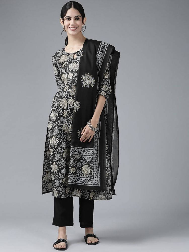 Yufta Women Black Floral Pure Cotton Kurta with Trouser & With Dupatta