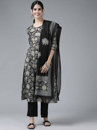 Thumbnail for Yufta Women Black Floral Pure Cotton Kurta with Trouser & With Dupatta