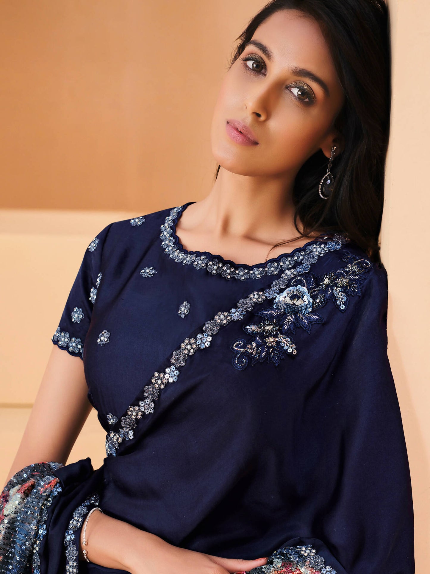Blue Satin Crepe Silk Sequence Embroidered Saree With Unstitched Blouse - Mohmanthan Yavanika - Distacart