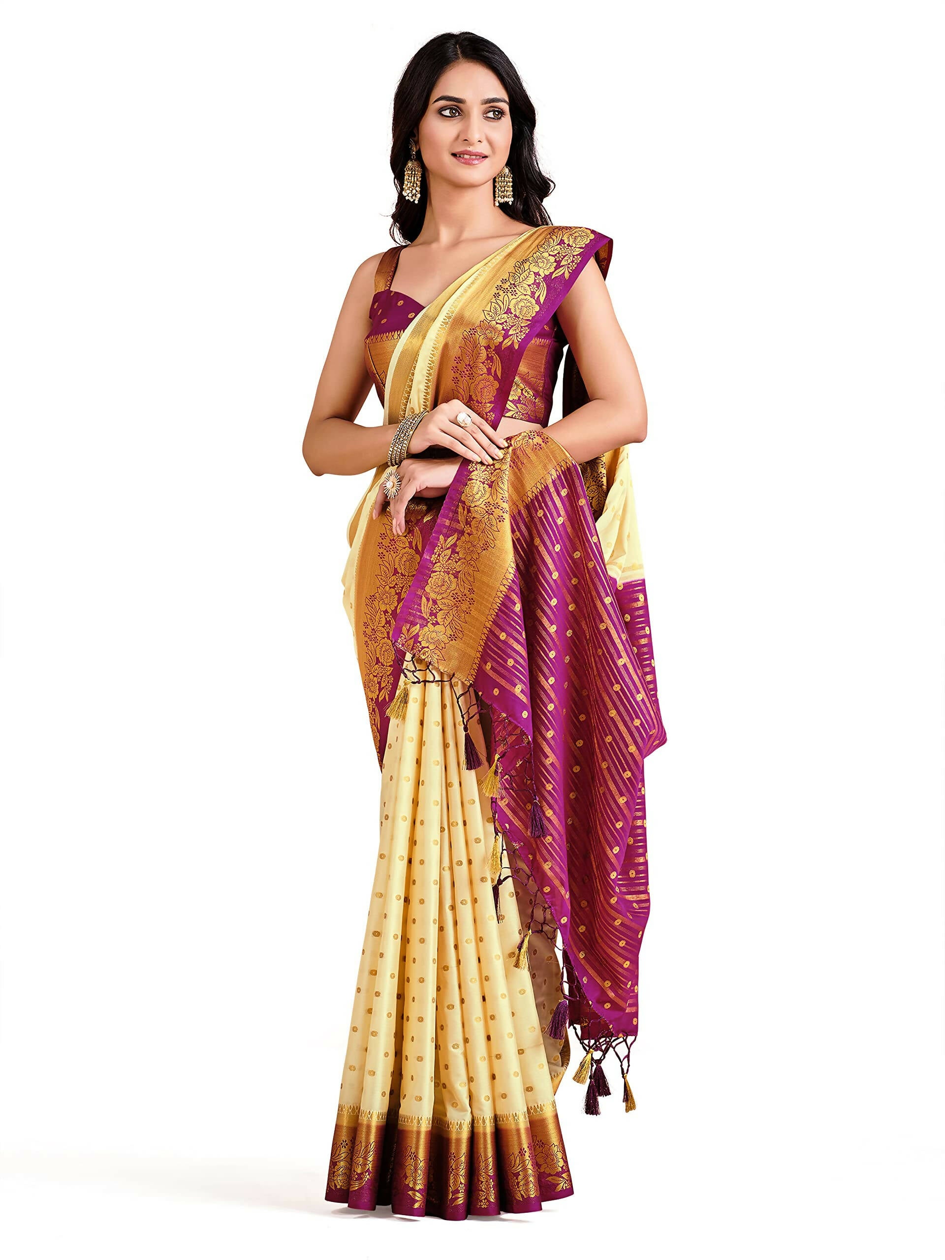 Mimosa Women's Beige Mysore Silk Crepe Saree - Distacart