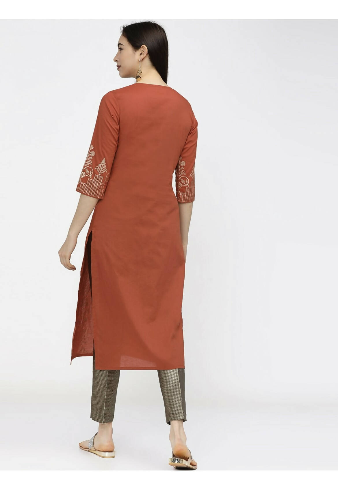 Cheera Embellished Daily Wear Cotton Blend Kurta - Brown - Distacart