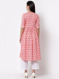 Thumbnail for Myshka Women's Pink Printed 3/4 Sleeve Cotton Round Neck Dress