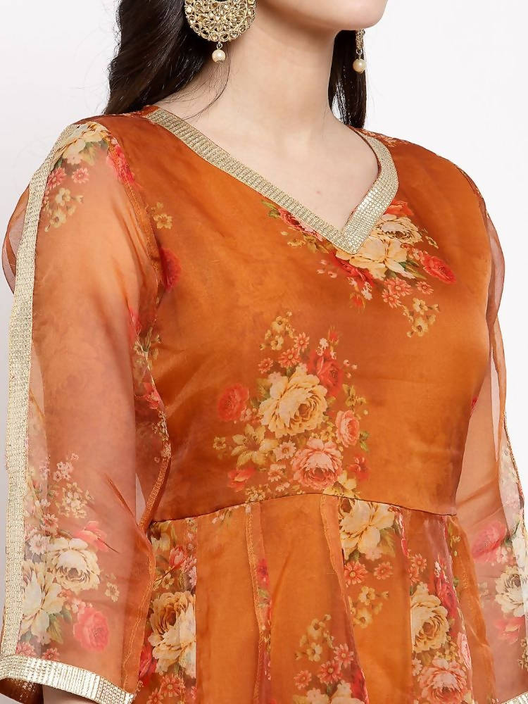 Myshka Women's Brown Organza Printed 3/4 Sleeve V Neck Casual Anarkali Dress