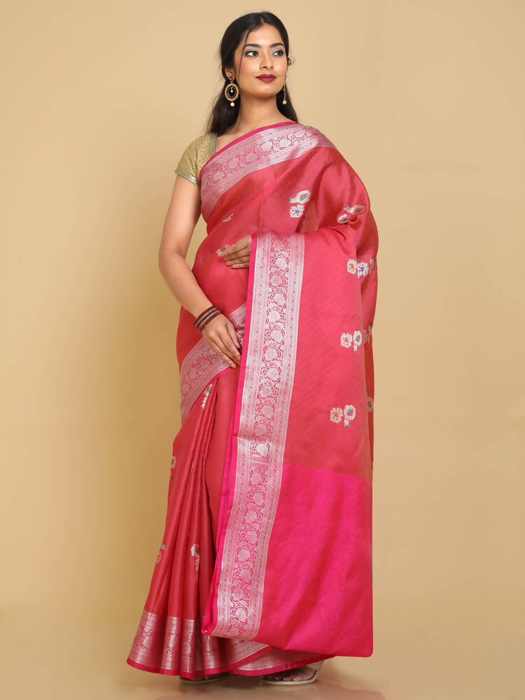 Kalamandir Floral Coral Color Silk Blend Saree