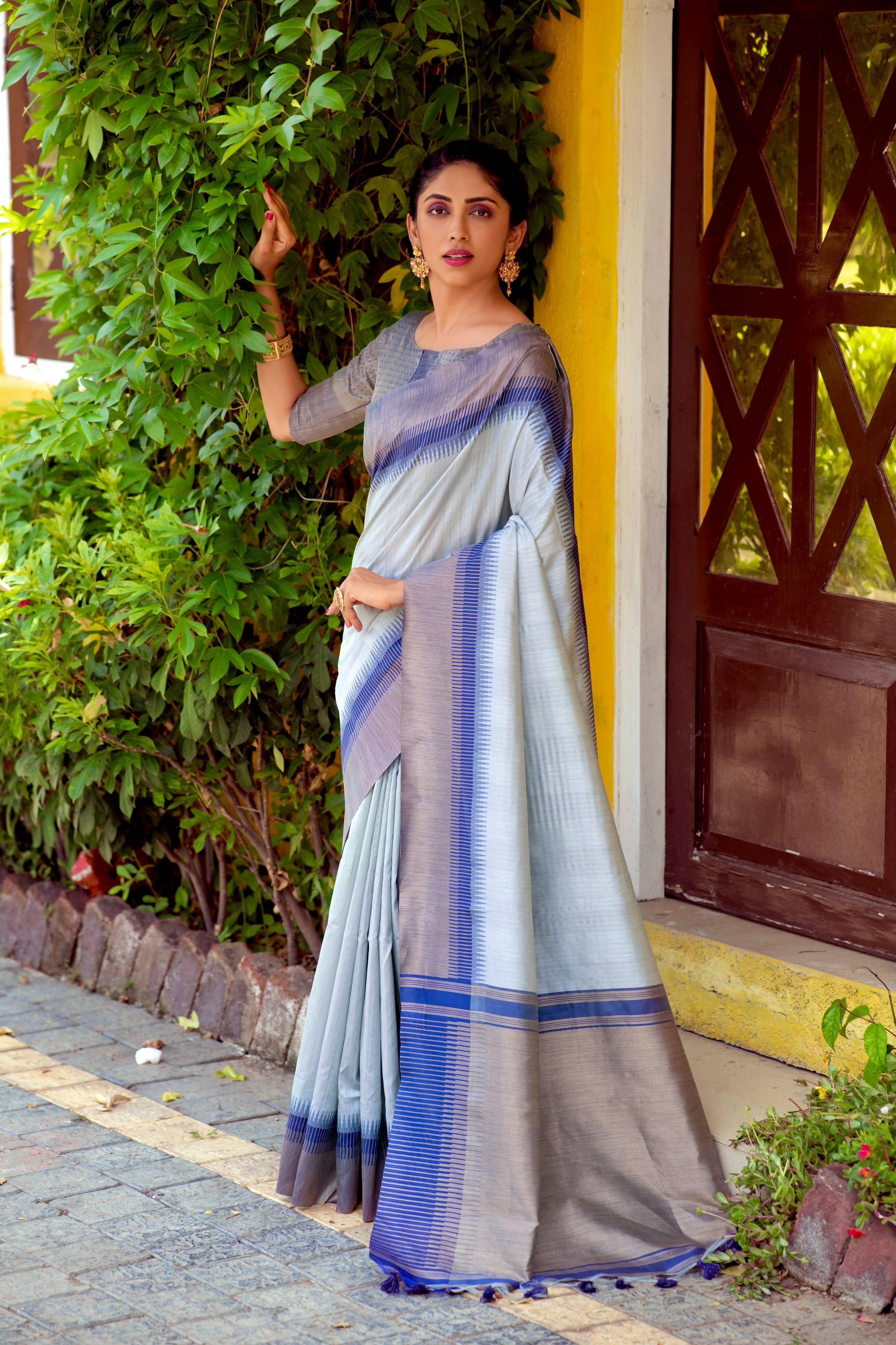 Vishnu Weaves Women's Grey South Silk Zari Woven Saree with Unstitched Blouse - Distacart