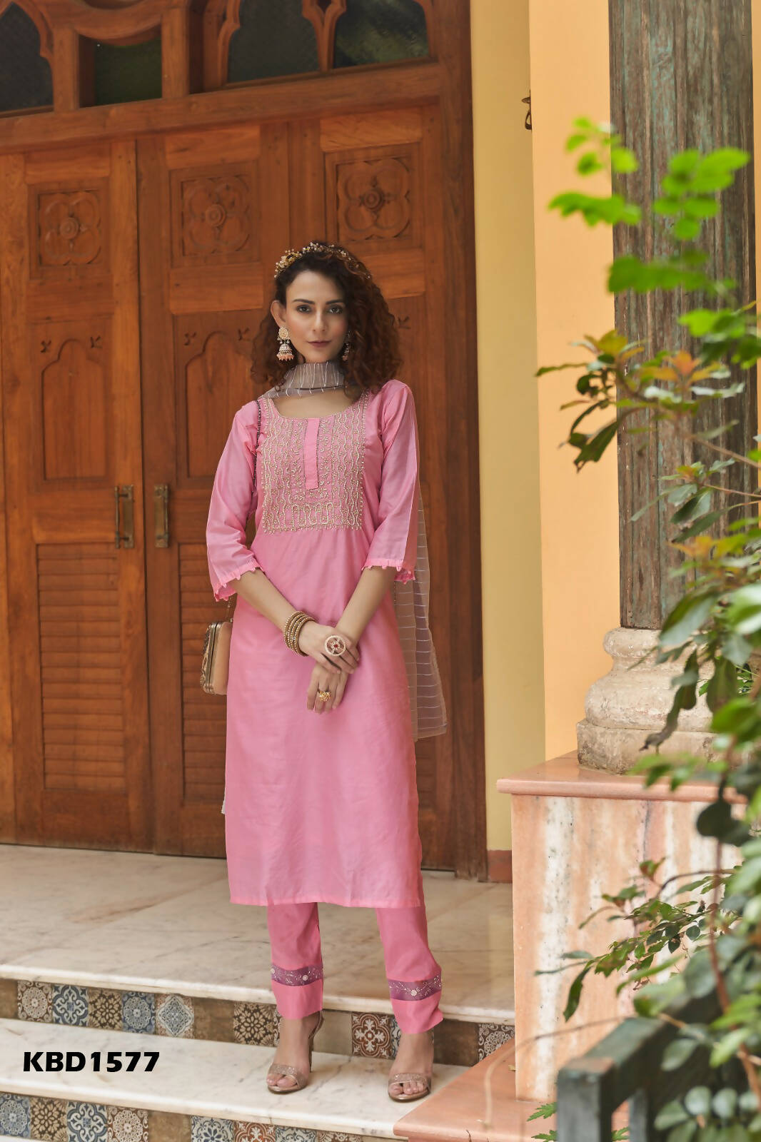 Pink Chinon Embroidered Kurta and Bottom with Dupatta - Akashara - Distacart