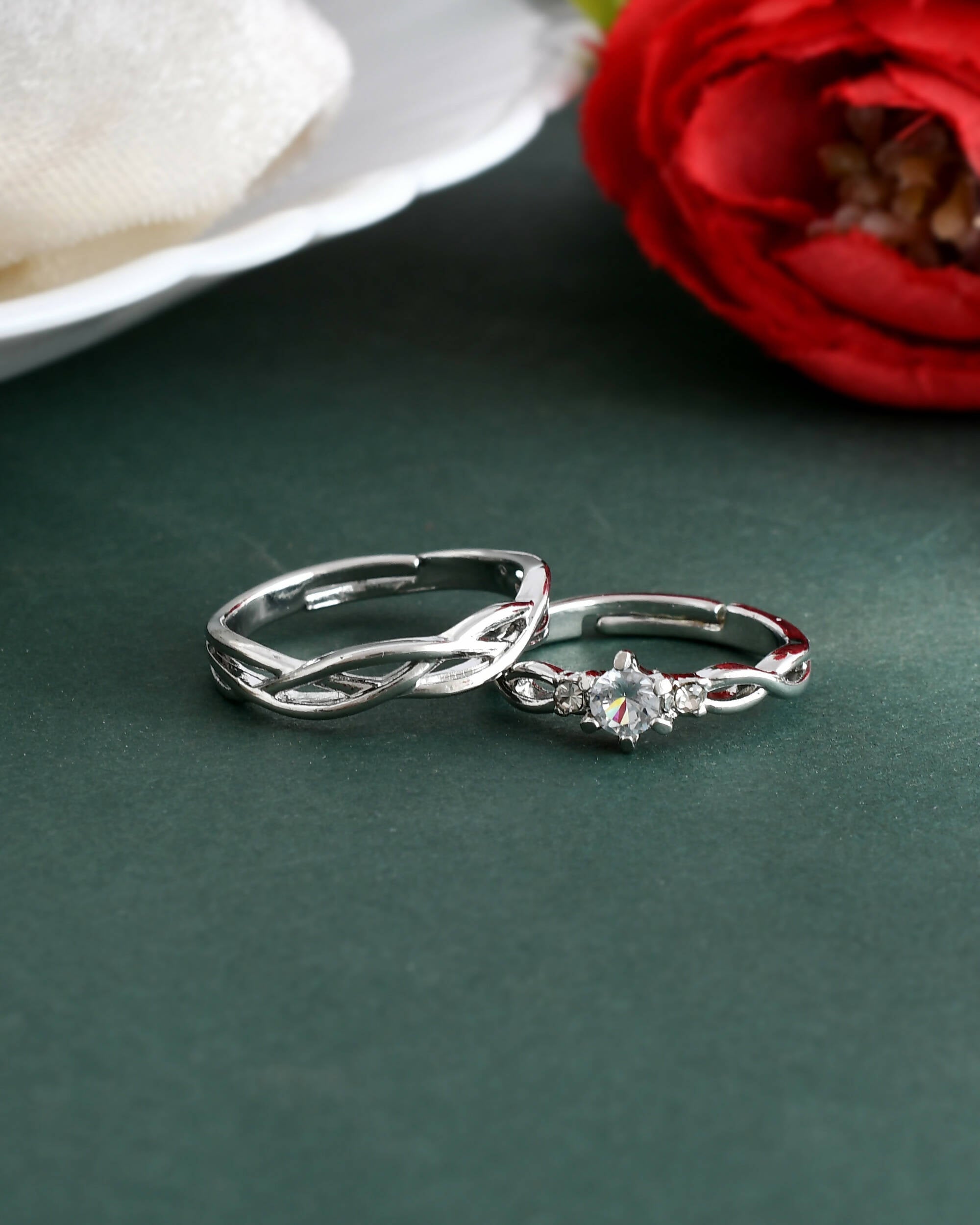 VOJ Stainless Steel Cubic Zirconia Silver Plated Adjustable Ring Set for Couple - Distacart