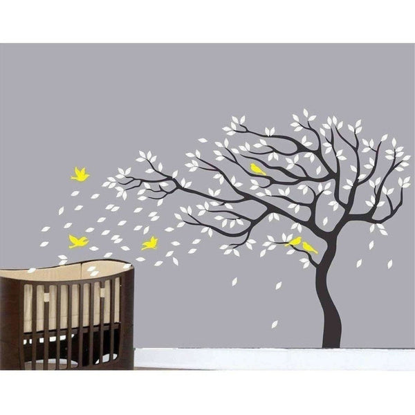 Big Beautiful Black Tree White Leaves Yellow Birds - Distacart