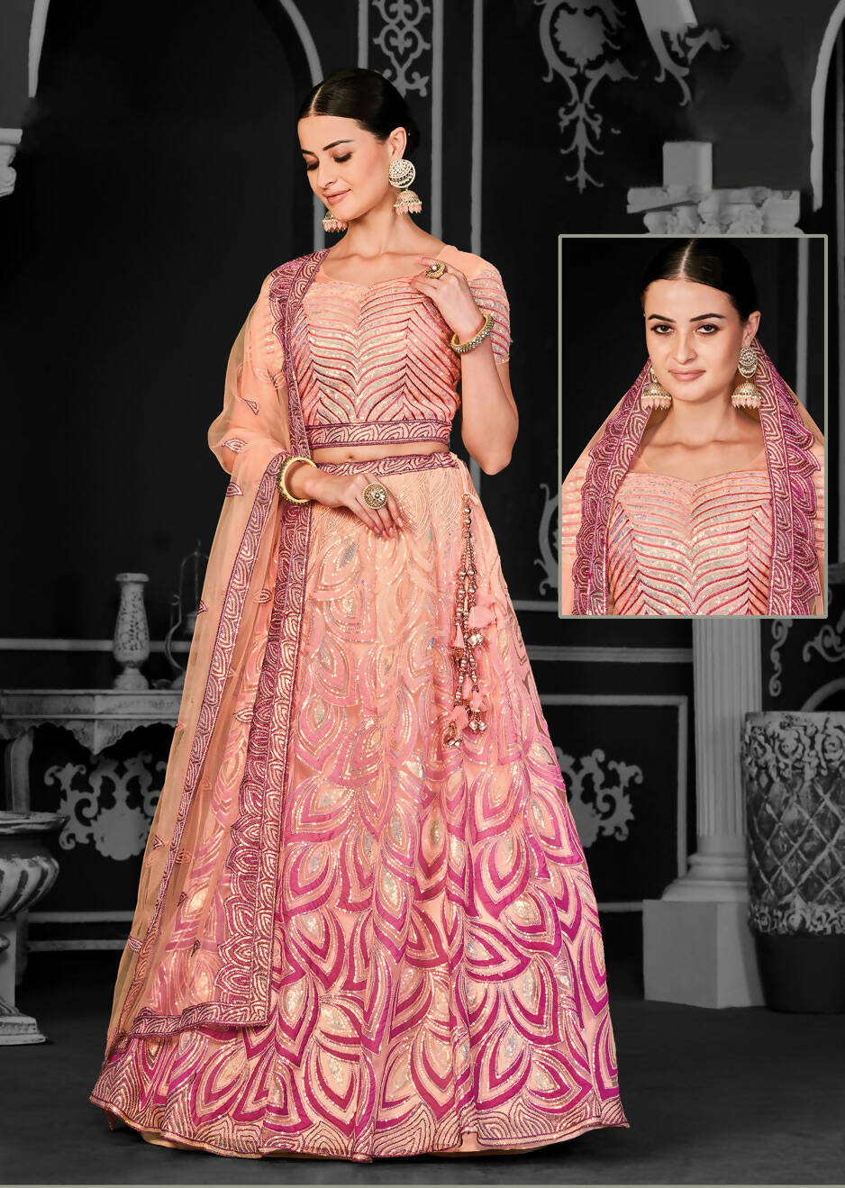 Peach Net Semi-Stitched Bridal Lehenga - Nimayaa Bonanza - Distacart