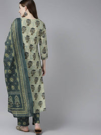 Thumbnail for Yufta Women Beige Ethnic Motifs Aari Work Pure Cotton Kurta with Palazzo and Dupatta