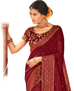 Thumbnail for Maroon Vichitra Stone Work Saree With Unstitched Blouse Piece - Rosy - Distacart