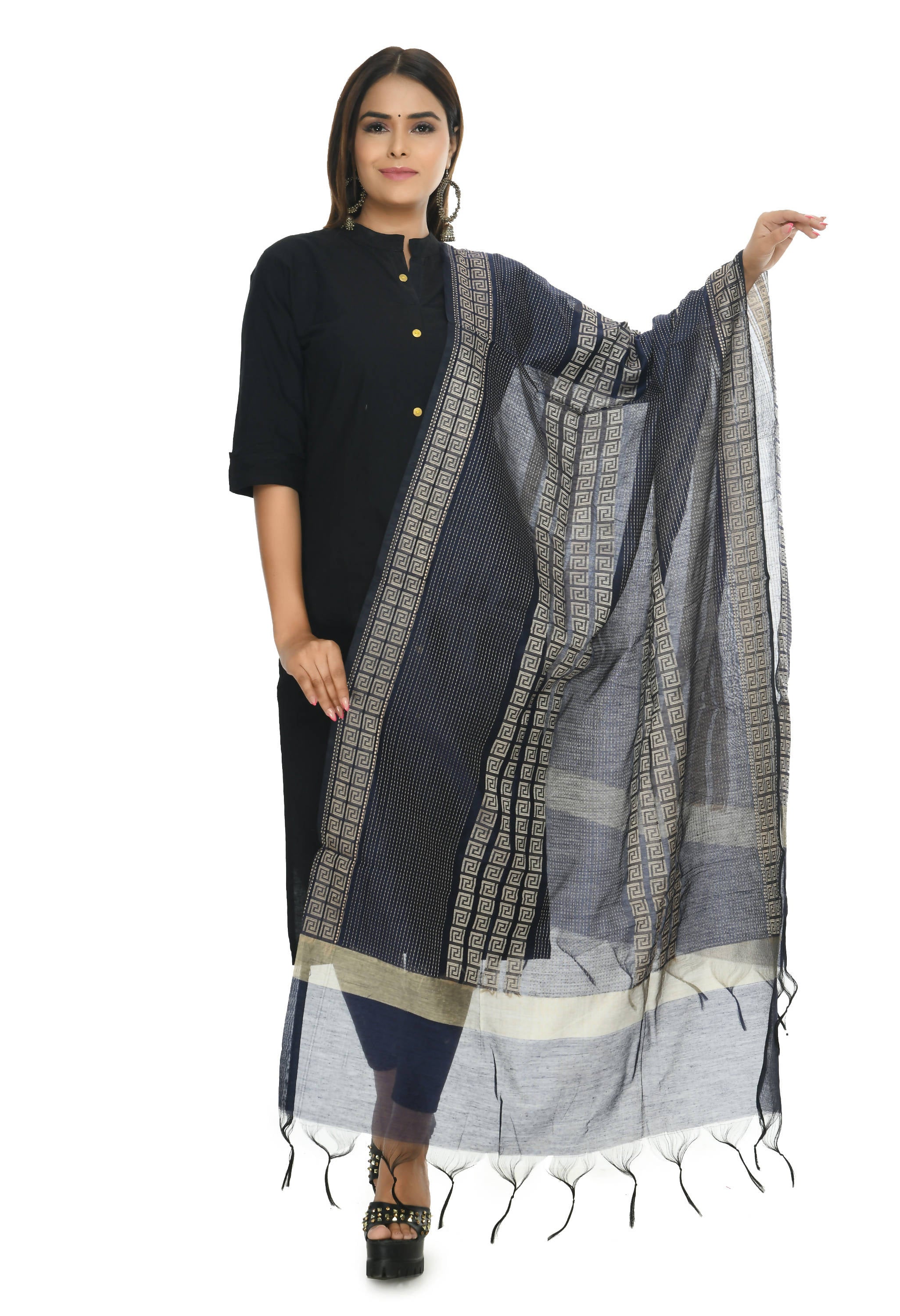 Mominos Fashion Moeza Handloom Cotton Navy Blue Dupatta - Distacart