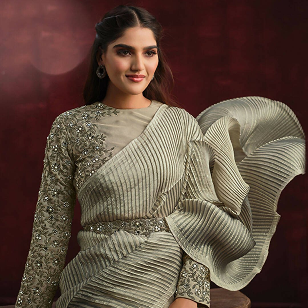 Olive Banarasi Crush Silk Sequence Thread & Stone Work/ Texture Pallu Saree - Mohmanthan Kimiya - Distacart