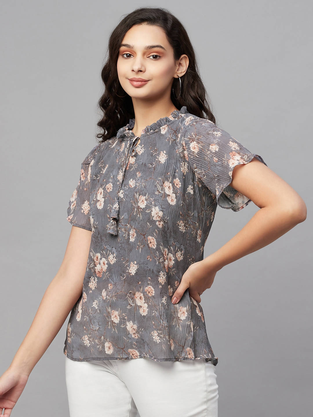 Myshka Grey Printed Half Sleeve Round Neck Top - Distacart
