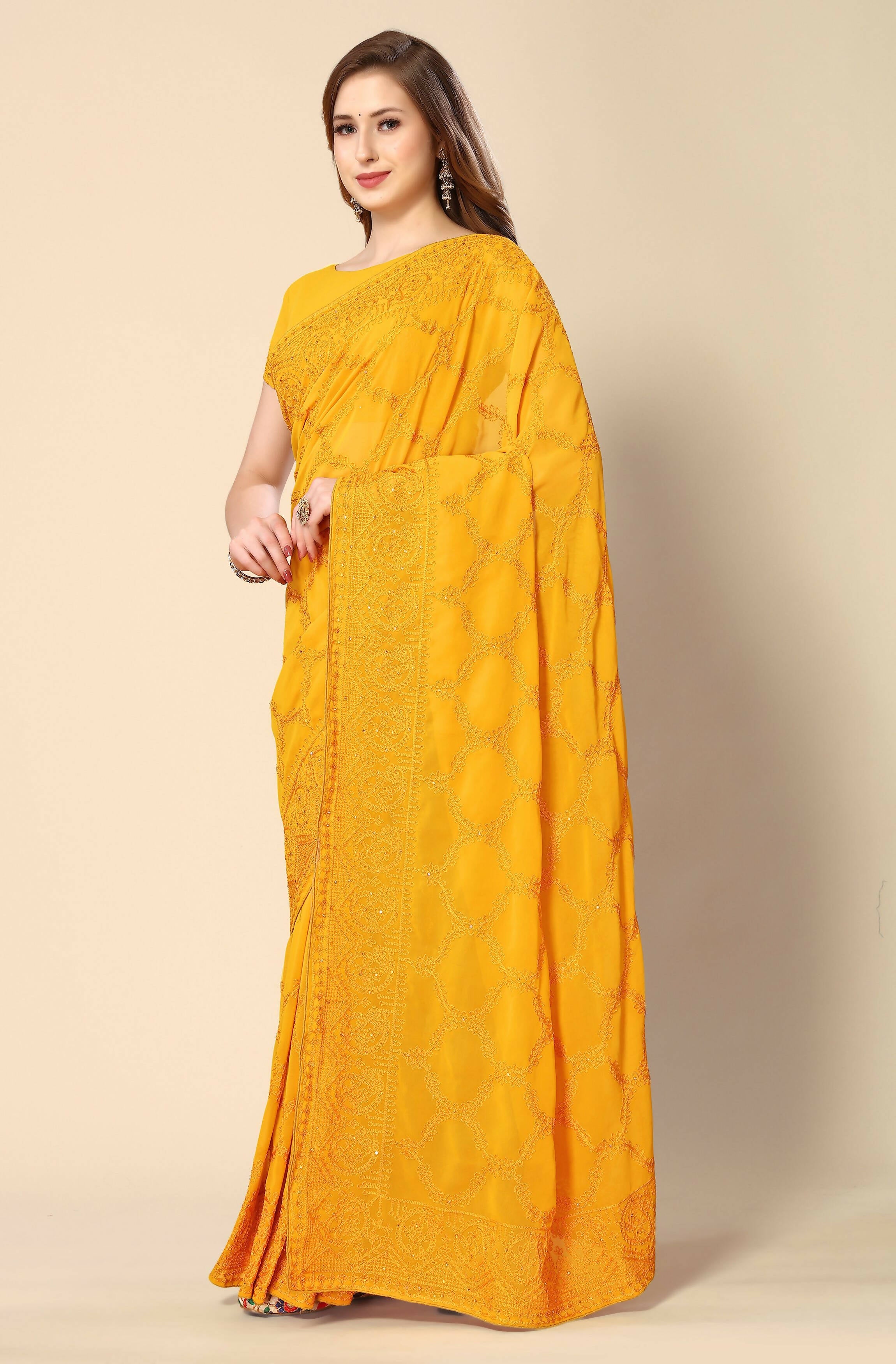 Mustard Georgette Embroidered and Stone Work Saree with Unstitched Blouse Piece - Roozal - Distacart