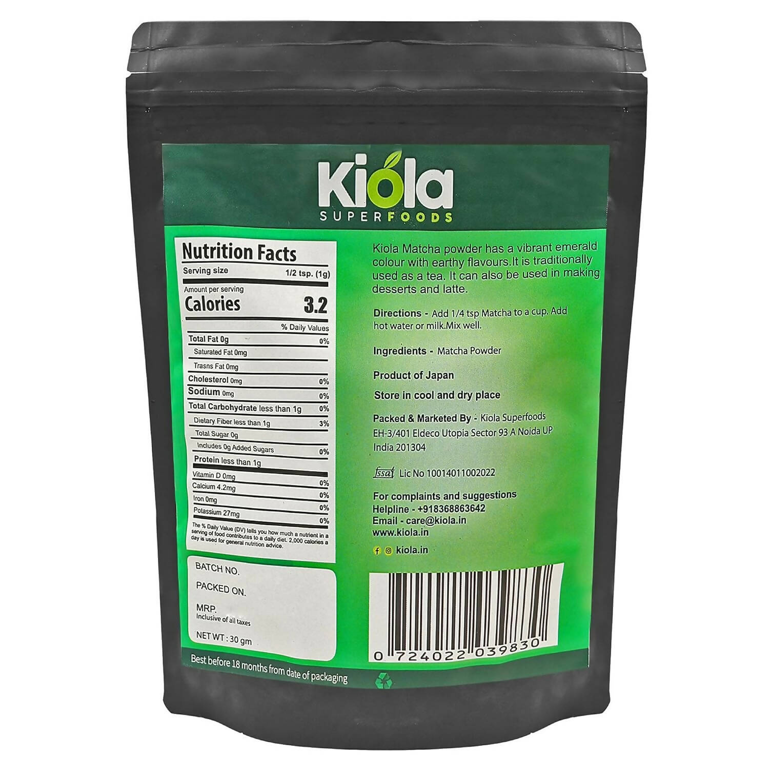Kiola Superfoods Japanese Matcha Green Tea Powder - Distacart