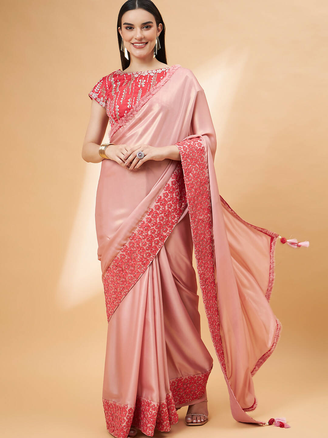 Light Pink Satin Georgette Laser Cut Floral Embroidery , Resham, Zari And Cord Embroidery Saree - Norita Hit Design - Distacart