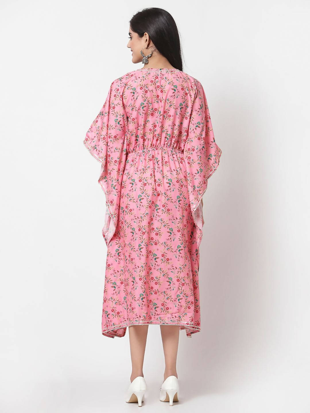 Myshka Women's Pink Polyester Printed Full Sleeve V Neck Casual Kaftaan