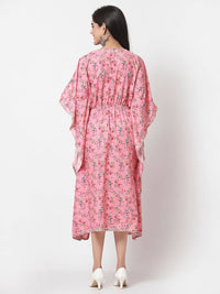 Thumbnail for Myshka Women's Pink Polyester Printed Full Sleeve V Neck Casual Kaftaan