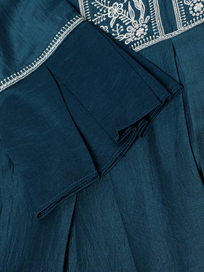 Teal Chinon Floral Embroidered Top with Bottom - Maanushi - Distacart