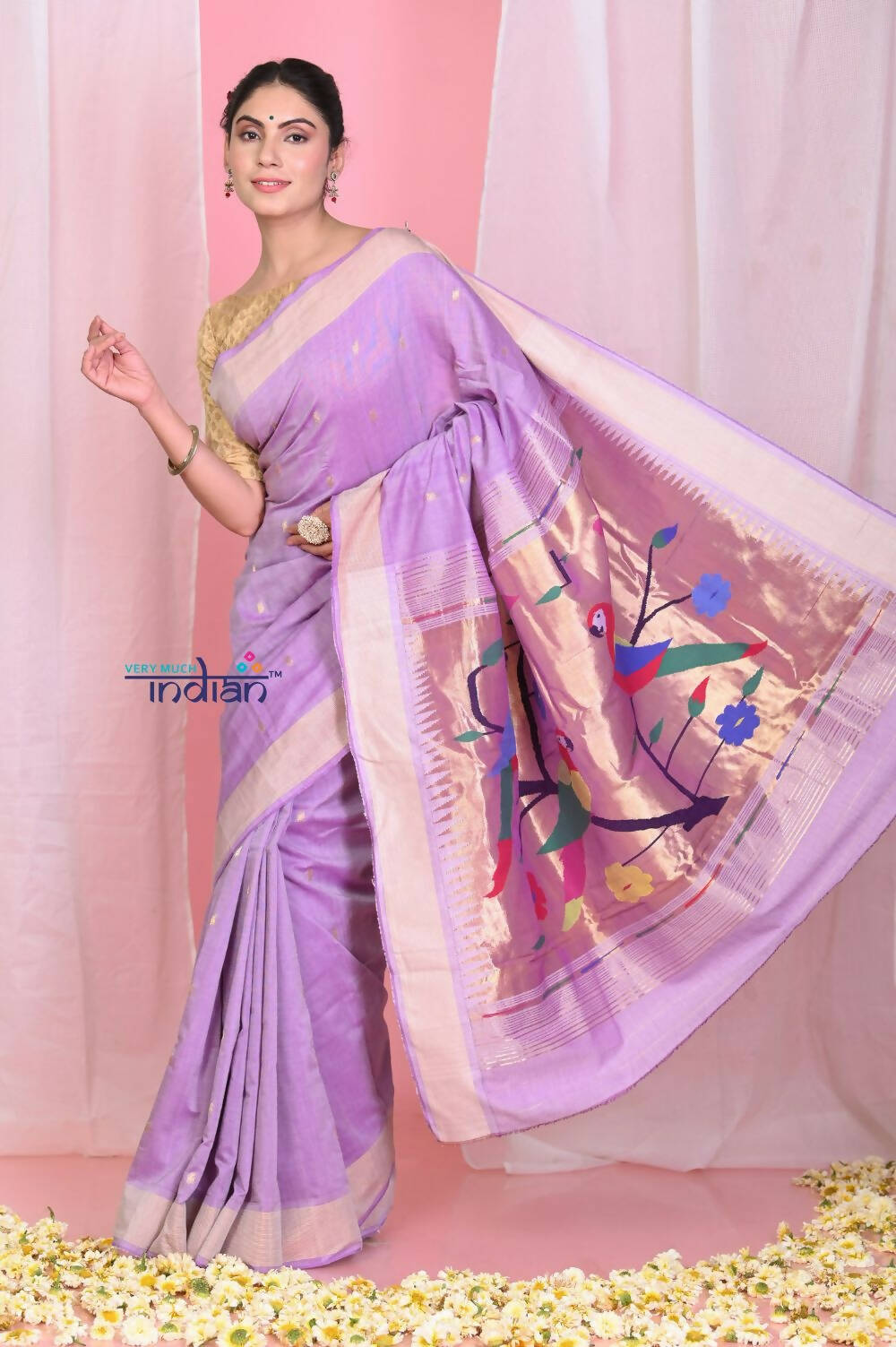 Very Much Indian Handloom Pure Cotton Paithani With Handwoven Pallu -Lilac - Distacart