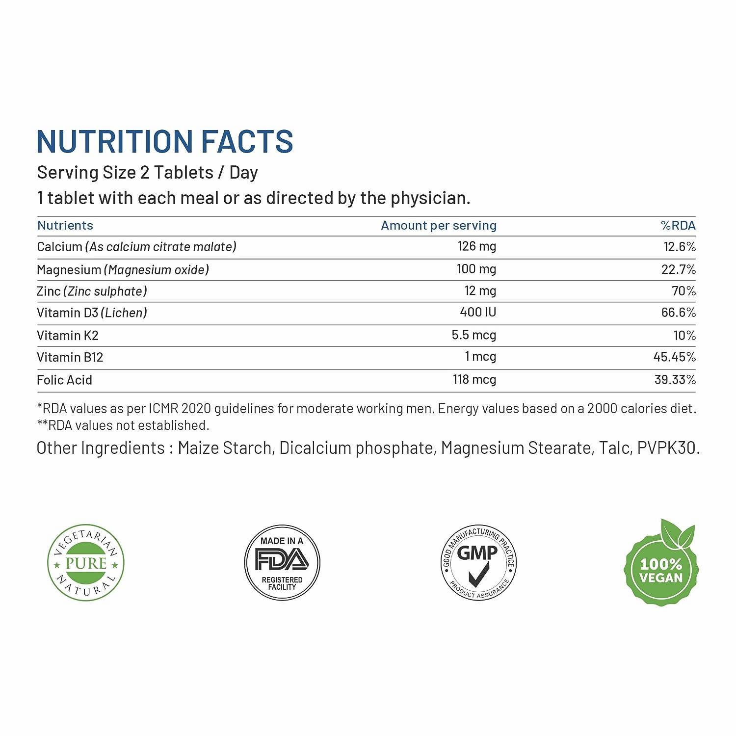 Bliss Welness Calcium Magnesium Zinc Vitamin D3 K2 B12 Folic Acid Tablets - Distacart
