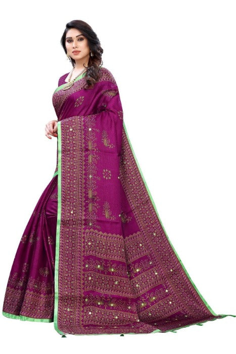 Vamika Purple Mirror Work With Jhalar Khadi Silk Sarees