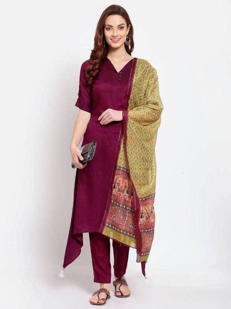 Myshka Women's Burgandy Solid Cotton Half Sleeve V Neck Casual Kurta Pant Dupatta Set