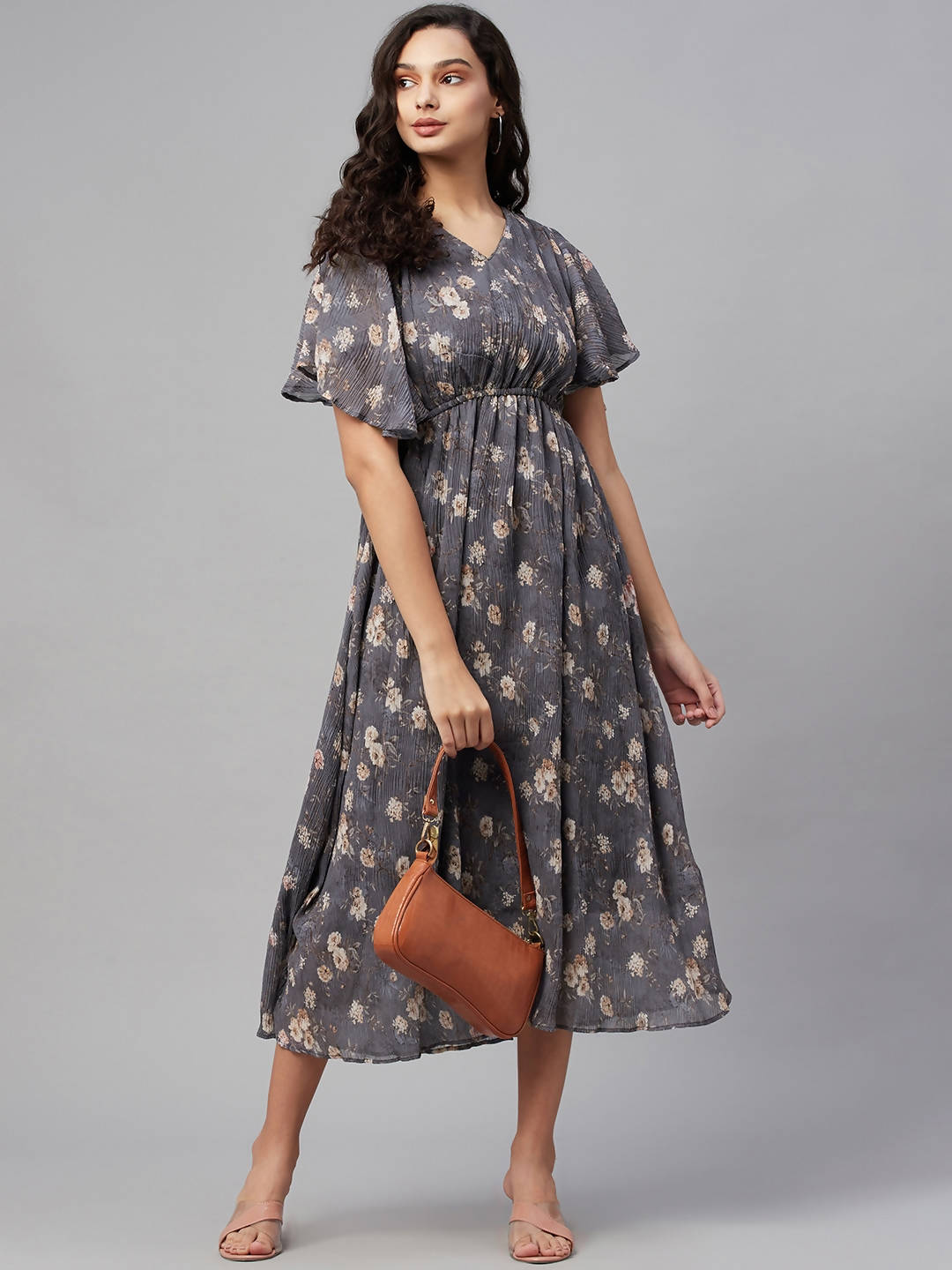Myshka Women Grey Printed Half Sleeve V Neck Dress - Distacart