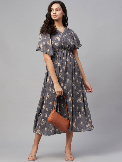 Myshka Women Grey Printed Half Sleeve V Neck Dress - Distacart