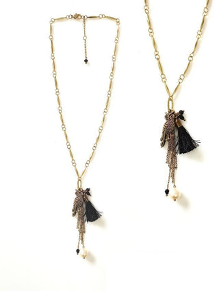 Bling Accessories Antique Brass Finish Qwl Pendant long Charm Necklace with Black Mini Tassel & Baroque Pearl