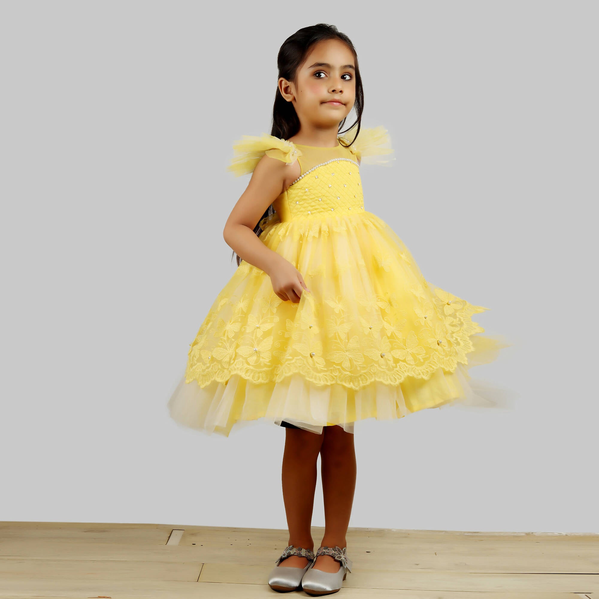 Pink Cow Fashions Yellow Dress With Net Layer At Bottom & Frill Sleeves - Distacart