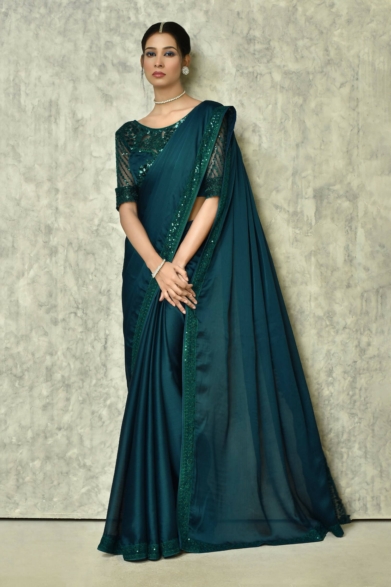 Teal Silk Solid Designer Saree with Blouse - Purvi - Distacart