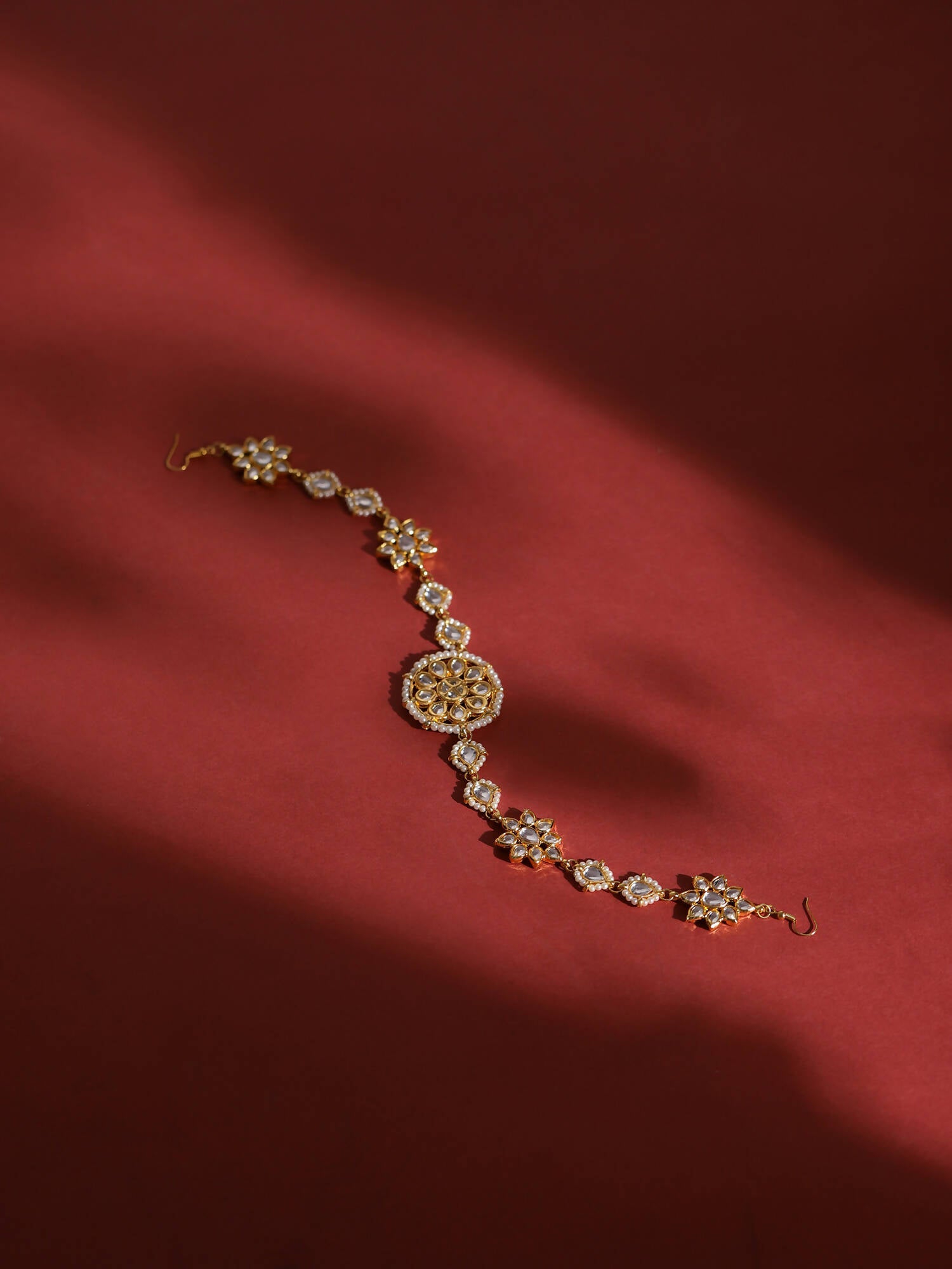 Gold-Plated White Kundan-Studded Pearl Beaded Hair Band - Ruby Raang - Distacart